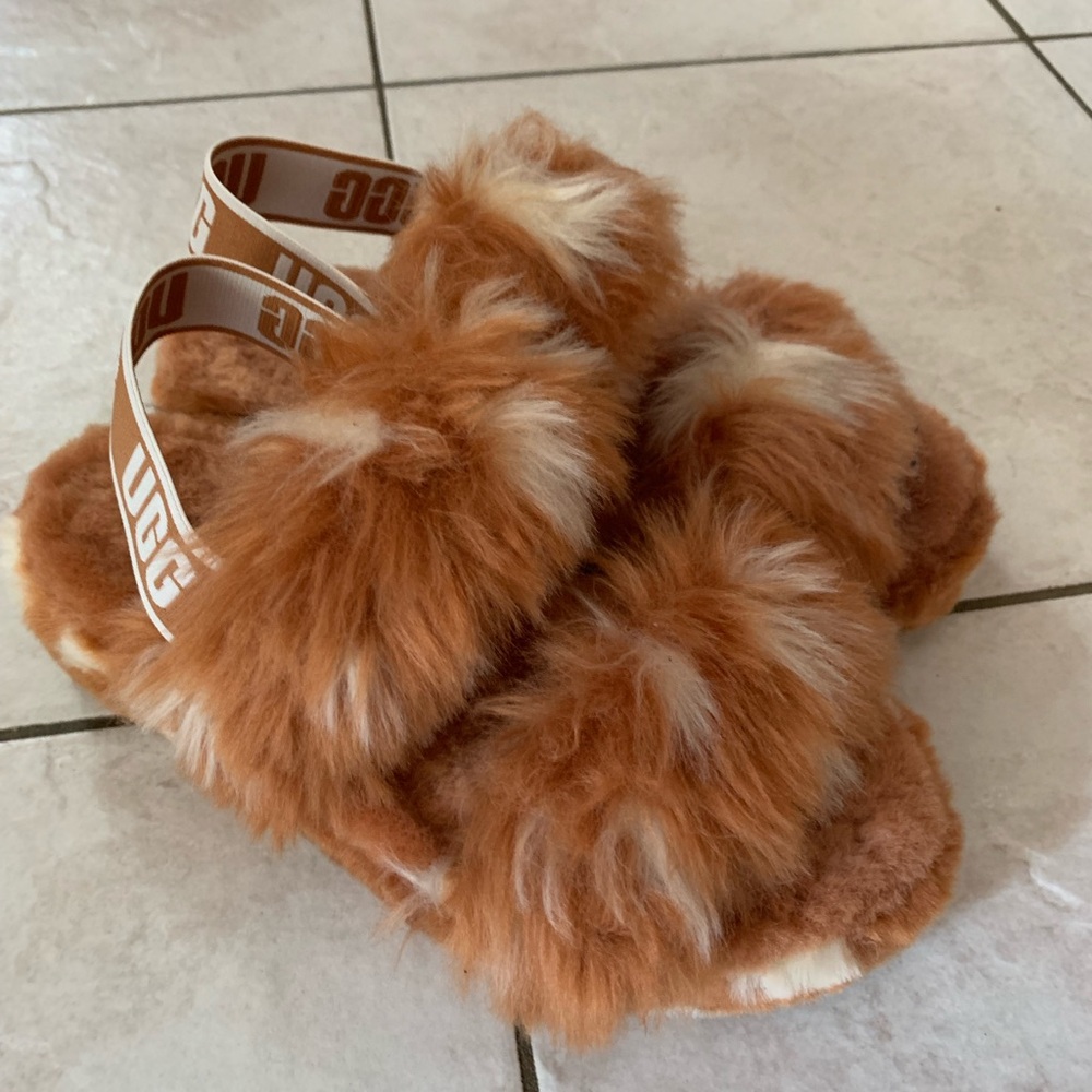 UGG Fawn Slide Fluffy Brown and White Slippers